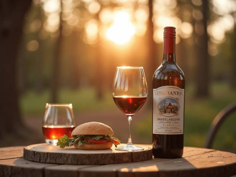 Relaxing outdoor picnic with wine, sandwich, and sunset view, perfect for enjoying life's simple pleasures.