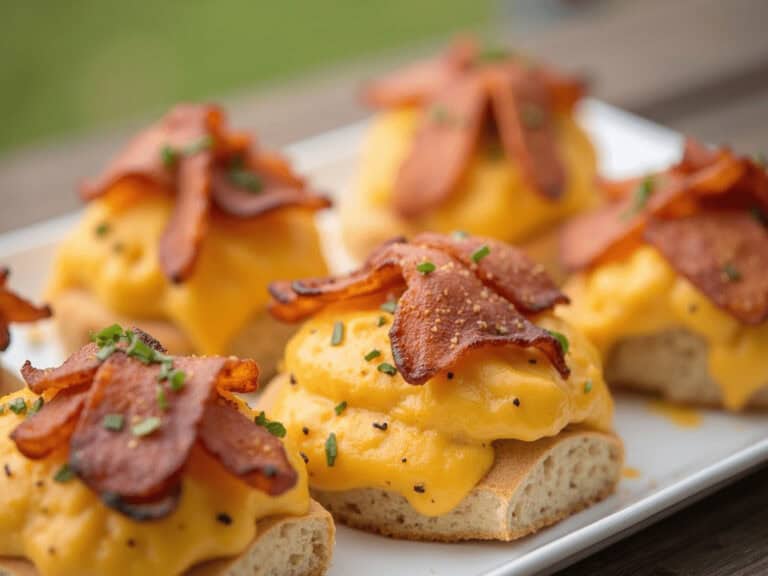 Scrambled egg breakfast sandwiches with bacon on toasted bread, fresh herbs, and black pepper.