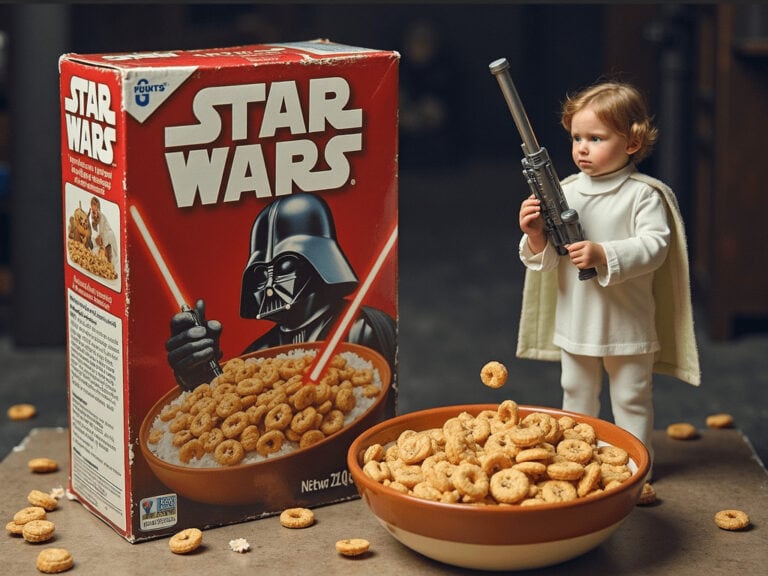Star Wars cereal box with a child dressed as a Jedi holding a toy blaster, surrounded by cereal on a table.