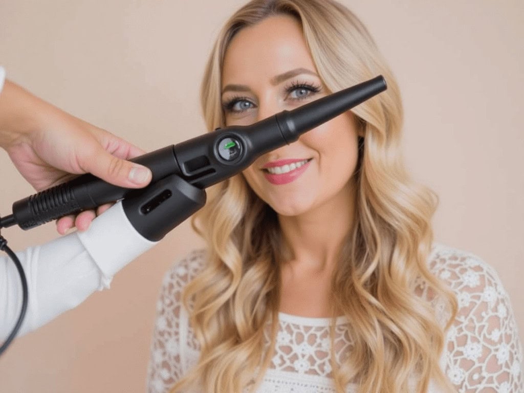 Silky blonde woman getting hair styled with curling wand at salon or home.