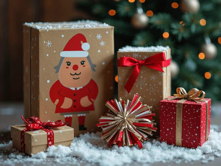 Festive Christmas gift boxes with holiday wrapping and a decorated Christmas tree in the background.