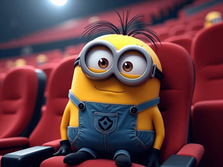 Minion character in a movie theater with red seats, wearing goggles and overalls, smiling and enjoying a film.