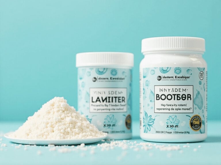 Destent exfoliating powder and capsule bottles on turquoise background.