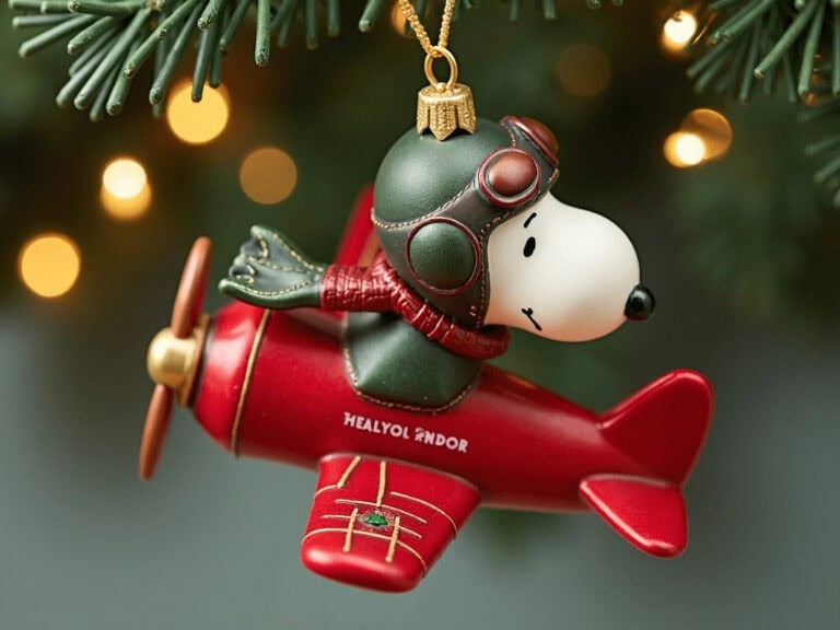 Decorative Snoopy Christmas ornament flying in a tree with lights, festive holiday decoration for Christmas cheer.