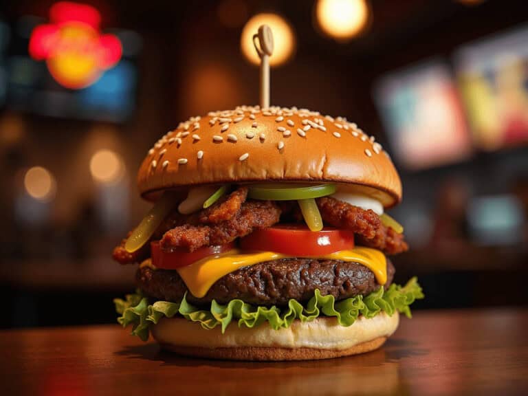 Juicy burger with lettuce, tomato, cheese, and crispy bacon on a sesame seed bun.