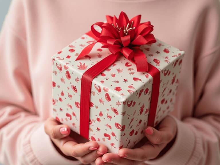 Wrapped gift box with red ribbon and bow in person's hands, pink background.