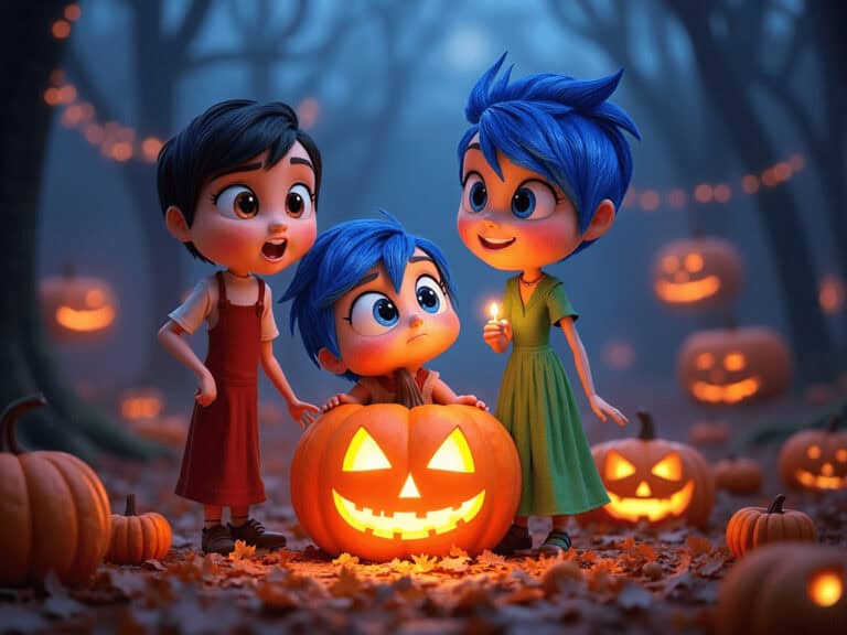 Spooky Halloween scene with animated kids and glowing pumpkins at night in autumn.