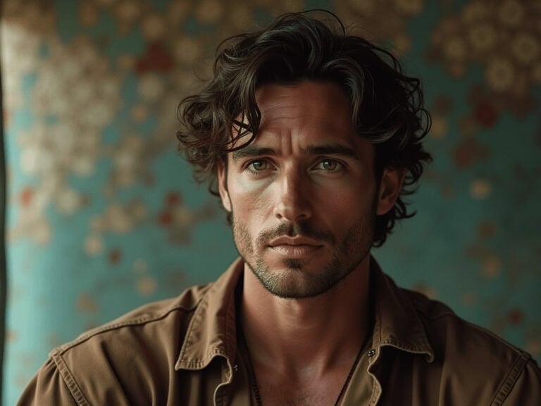 Contemplative man with wavy hair and brown shirt focused on self-growth and wellness.