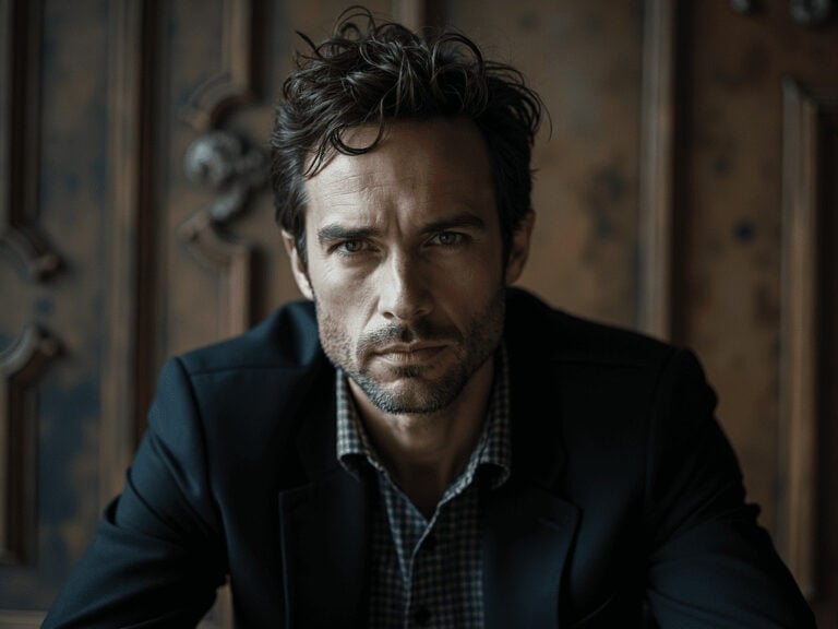 Reflective man in a black suit with a checkered shirt, indoor background.