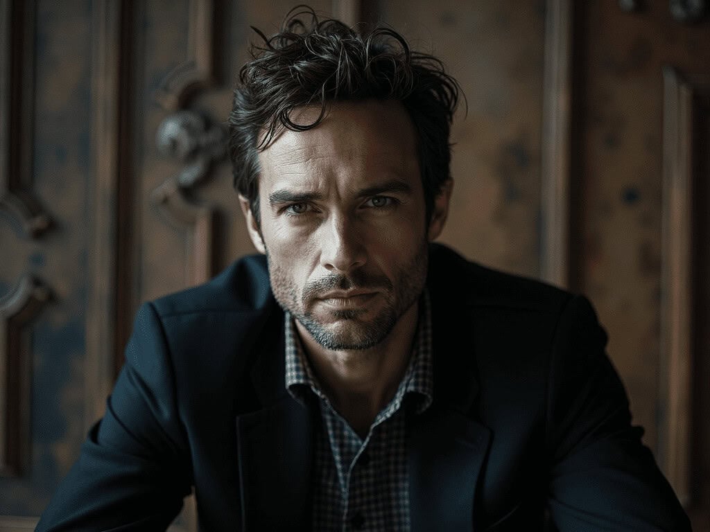 Reflective man in a black suit with a checkered shirt, indoor background.