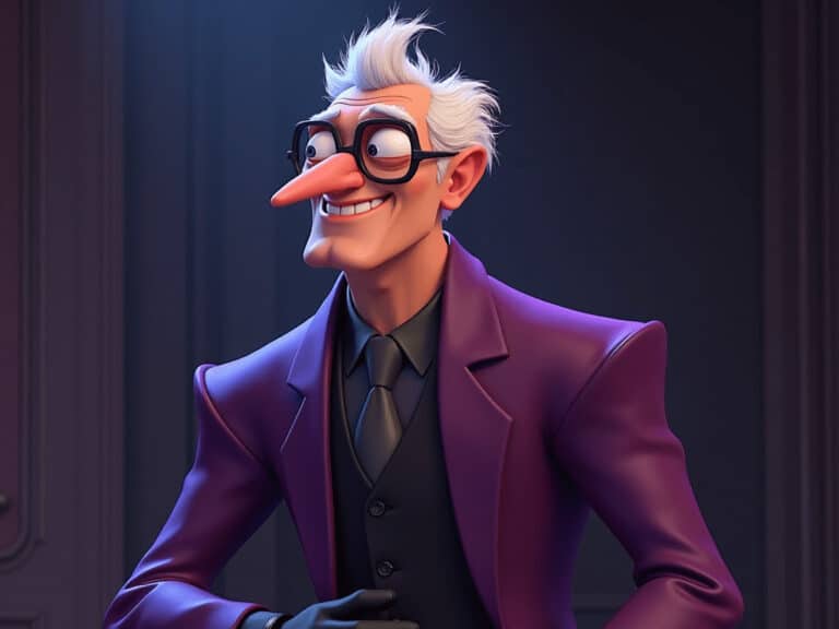 Whimsical animated character with glasses and a purple suit smiling confidently.