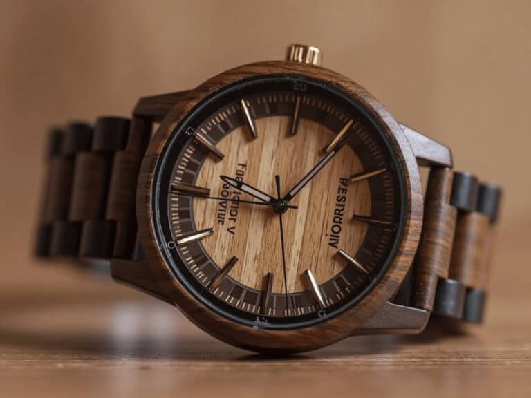 Wooden wristwatch with a natural finish, stylish accessories for men and women.
