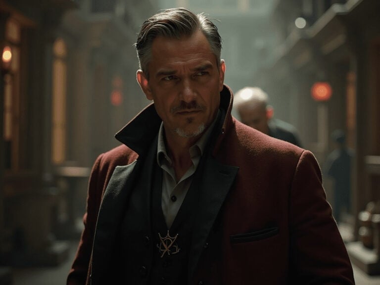 Bold man in stylish suit with confident expression, film scene from an action movie.