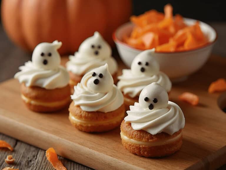 Mini ghost cupcakes for Halloween celebrations.