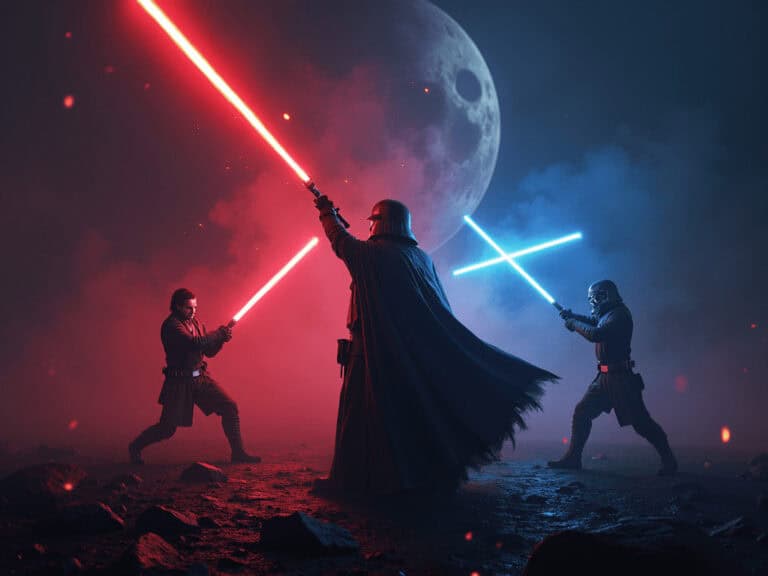 Star Wars-themed cosplay with Darth Vader and stormtroopers wielding light sabers under a full moon.