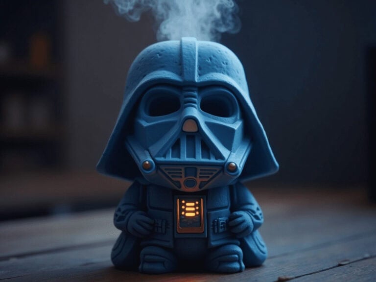 Cute Darth Vader toy figure with glowing chest, steam coming from helmet, on wooden surface.