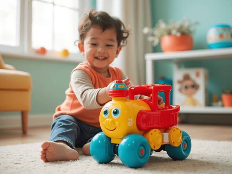 Colorful kids' toy train playing in a bright, cheerful home setting.