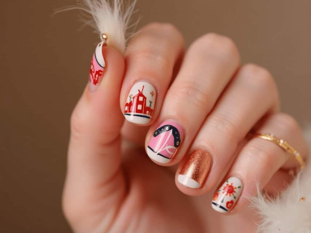 Festive holiday nail art with Christmas-themed designs on manicured nails.