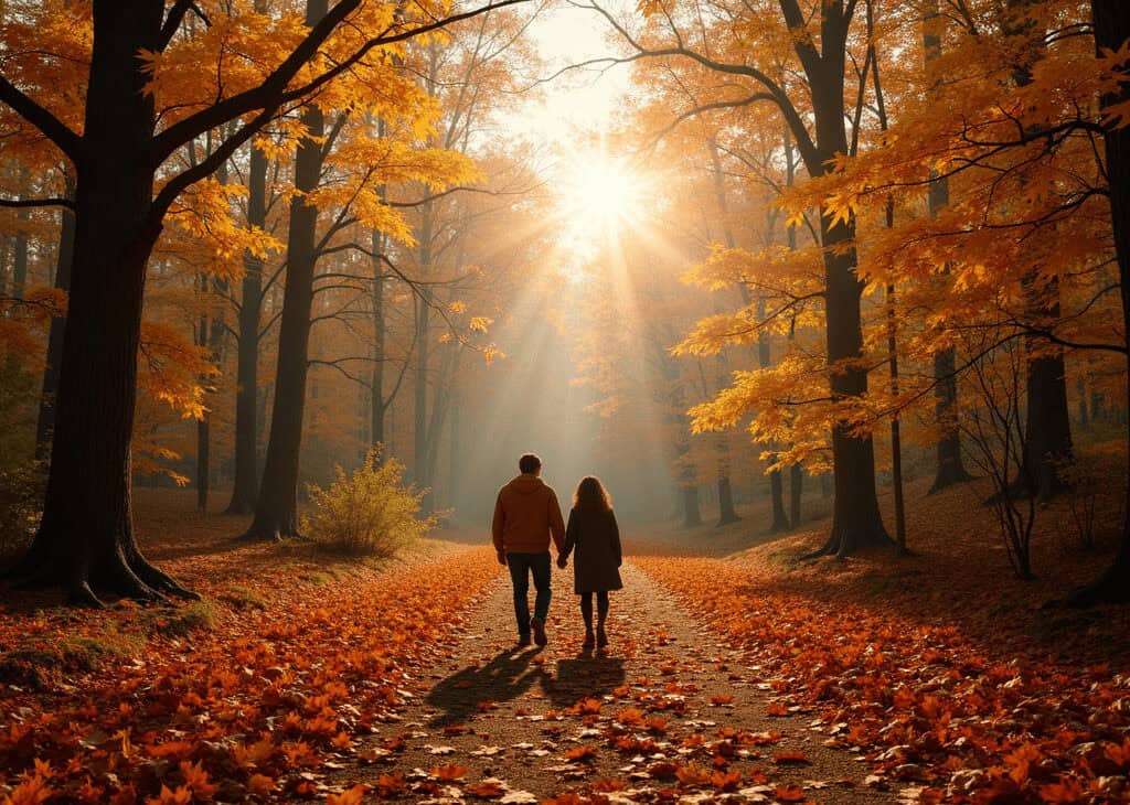 Autumn couple walking through a sunlit forest trail with fall foliage.