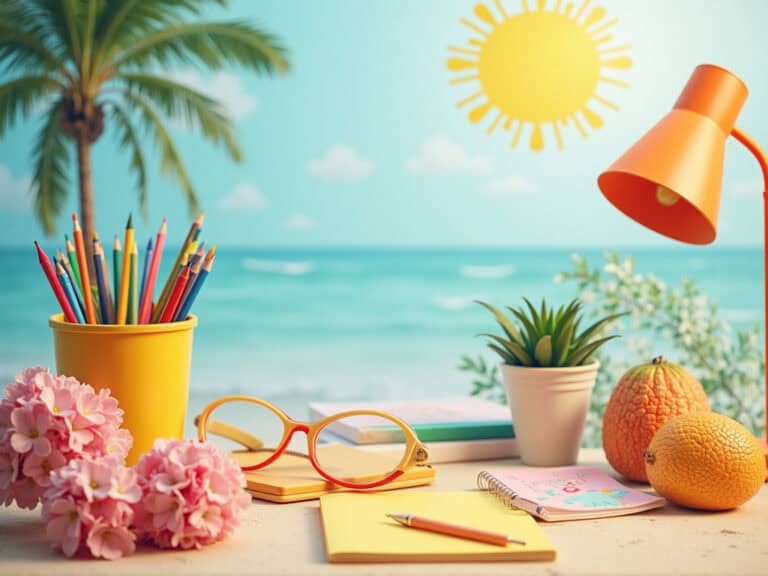 Colorful beach-themed workspace with pencils, flowers, and sunglasses.