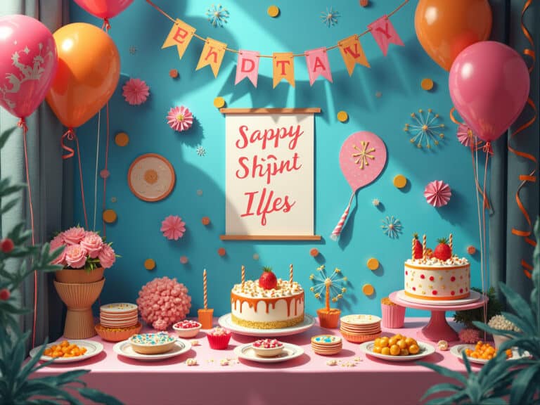 Celebration birthday party with colorful balloons, cakes, and festive decorations for a joyful event.