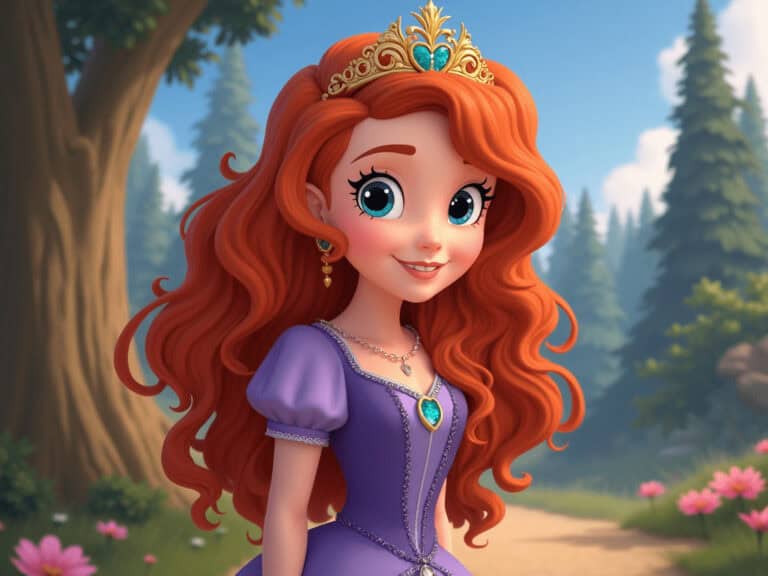 Princess Merida in a purple dress, standing outdoors in a forest setting, representing fairy tale princess themes.