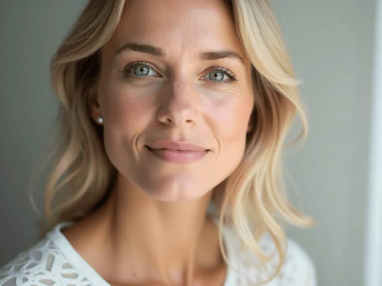 Natural blonde woman with radiant skin and blue eyes, smiling softly indoors.