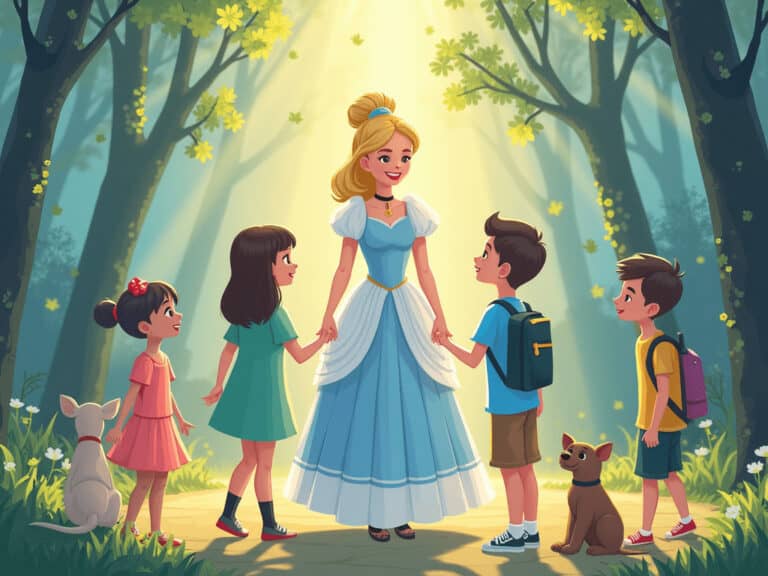 Sparkling life princess with children and dogs in forest, fairy tale scene, happy outdoor family moment, enchanted woodland setting, digital illustration.
