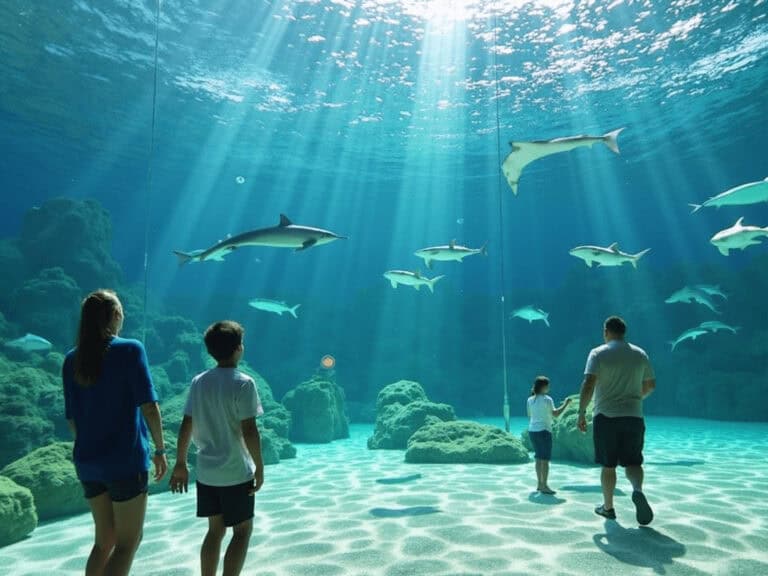 Underwater aquarium with sharks and family exploring marine life, a fun and educational experience.