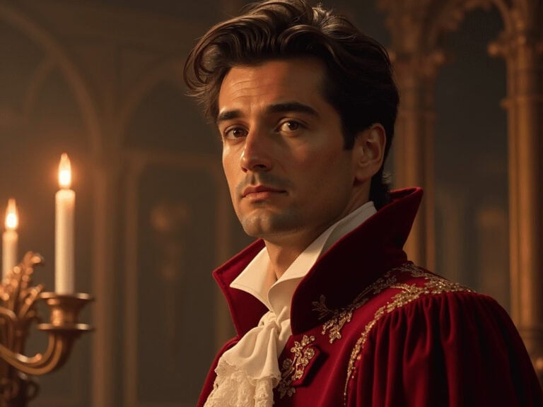 Elegant man in historical costume with ornate background, showcasing Victorian or Gothic era fashion.