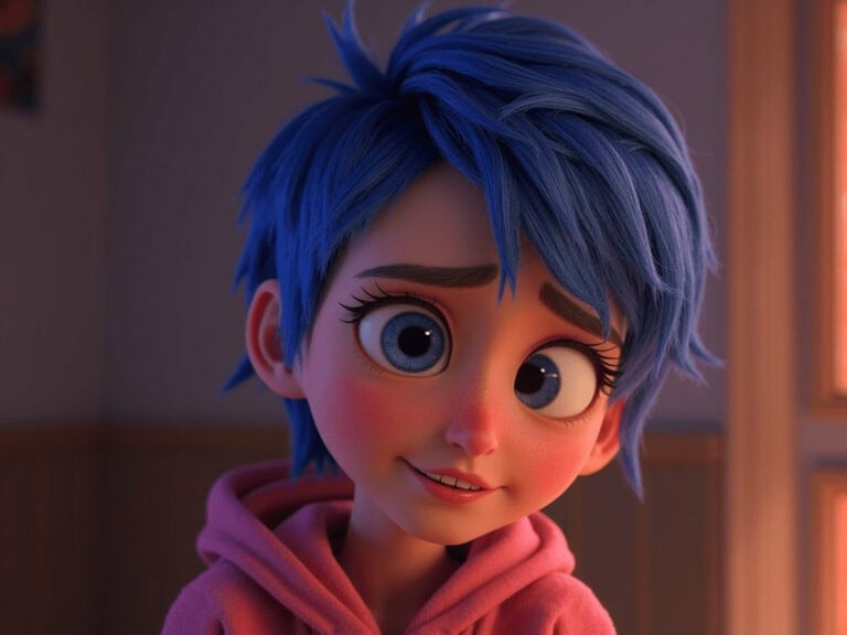 Bright blue-haired animated character with large expressive eyes, wearing a pink hoodie.