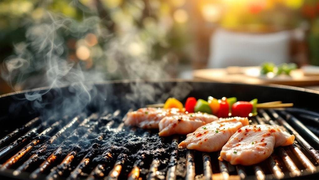 Grilled chicken and vegetable skewers on barbecue grill, outdoor cooking, healthy eating, summer food.