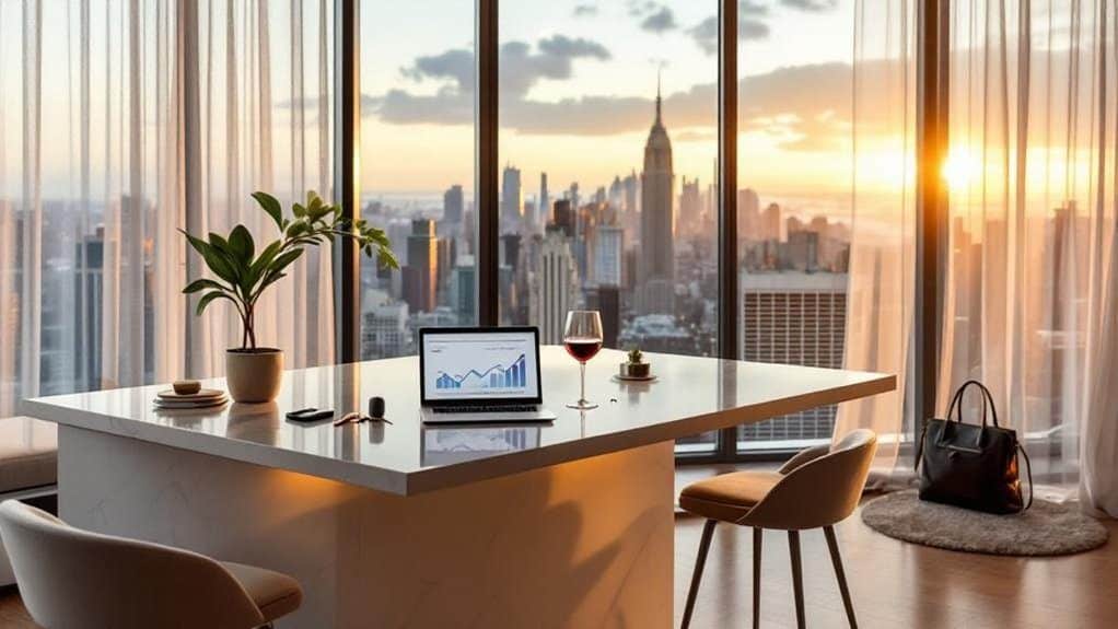 Modern city skyline view from an elegant office at sunset.