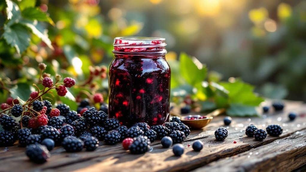 Fresh blackberry jam in a jar with ripe blackberries on rustic wooden table in garden sunlight.