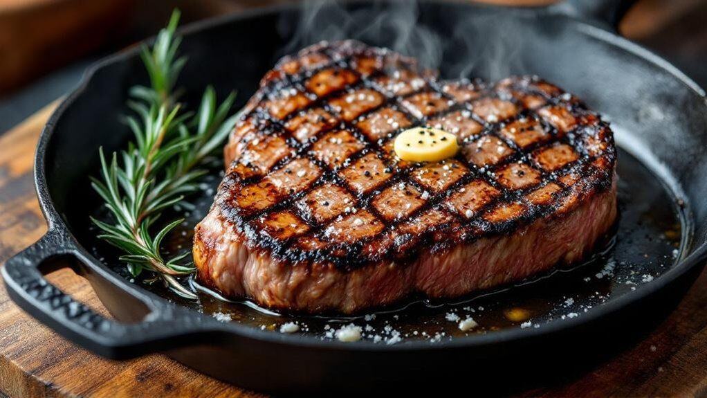 Juicy grilled steak with herbs in a cast iron skillet for a delicious, healthy meal.