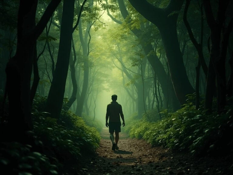 Serene man walking through lush green forest pathway, peaceful nature escape for relaxation and mindfulness.