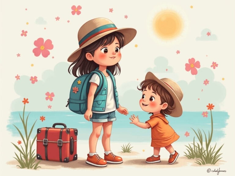 Travelers on the beach with luggage, kids with hats, family vacation, summer sunshine, outdoor fun, ocean view, cheerful family, travel adventure, summer trip, seaside outing.