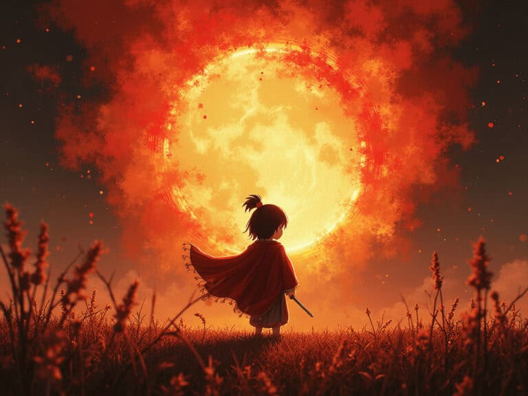 Vibrant illustration of a girl holding a sword, gazing at a fiery, glowing moon in a mystical field.