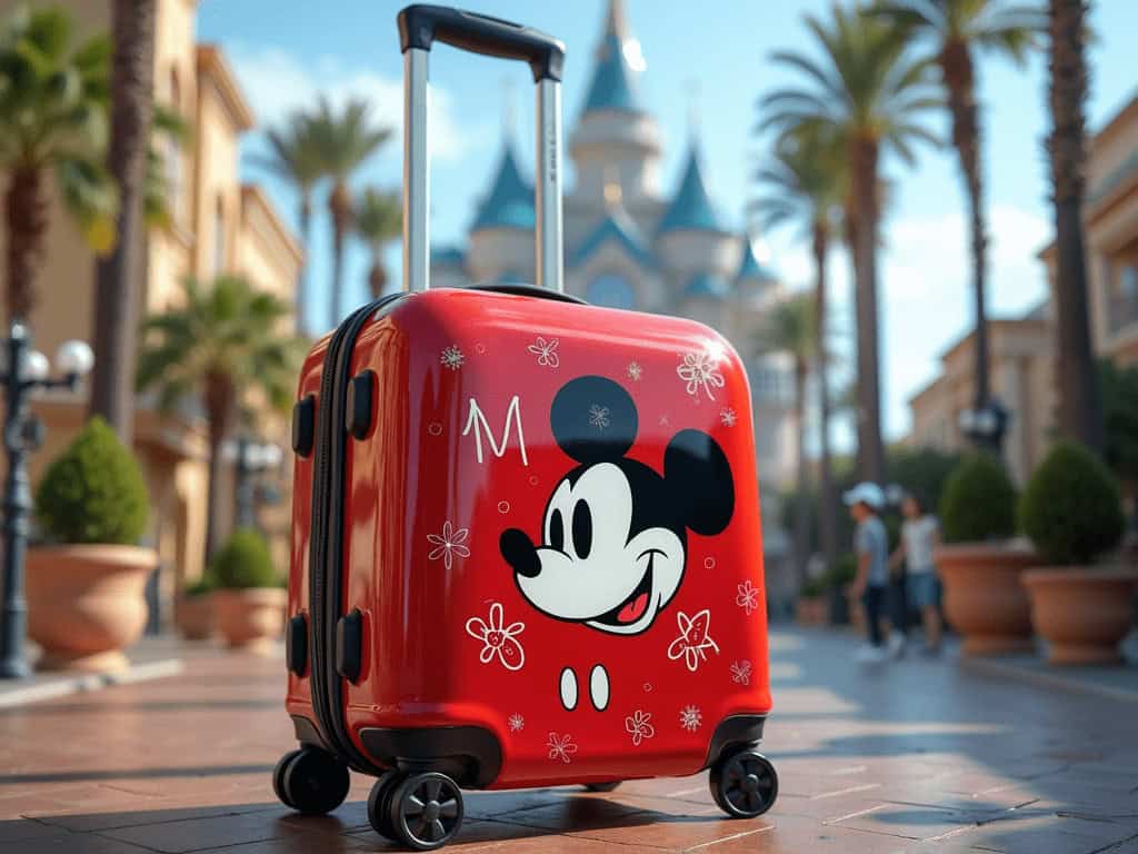Bright red Mickey Mouse themed suitcase for travel adventures, perfect for family vacations and Disney trips.