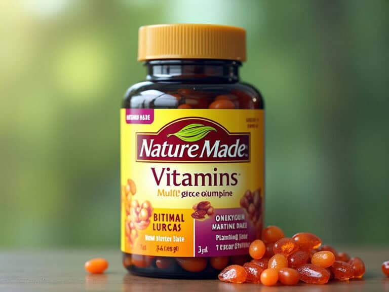 Vitamins supplement bottle with nature made multivitamins and herbal gummies on wood surface.
