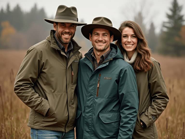 Warm outdoor clothing for men and woman in nature.