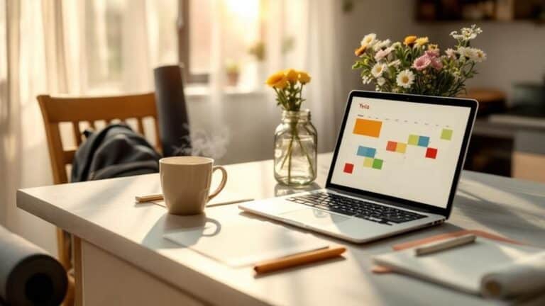 Coffee mug on a clean workspace with a laptop and fresh flowers, creating a cozy and productive home office setting.