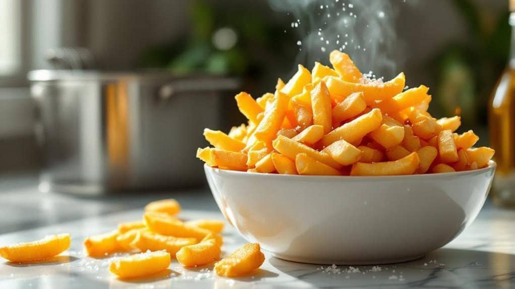 Golden french fries in a white bowl, fresh and crispy, ready to enjoy.