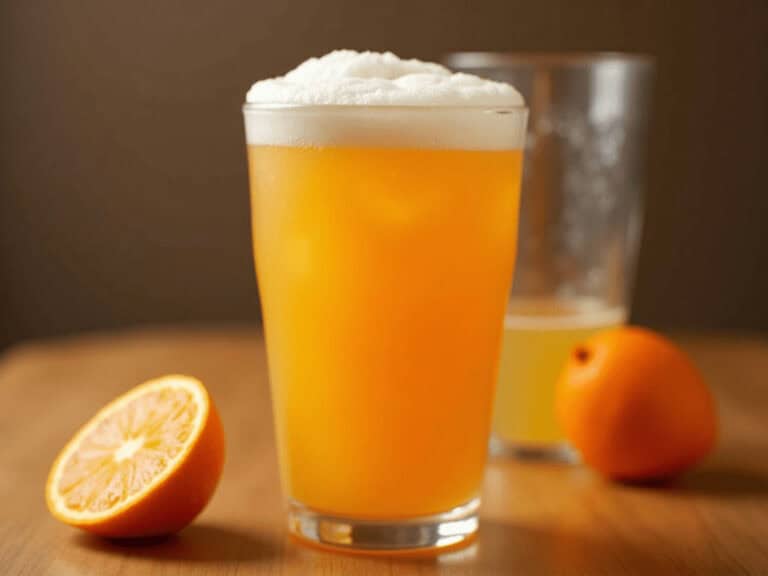 Refreshing orange juice with foam on top, surrounded by fresh oranges on a wooden surface.
