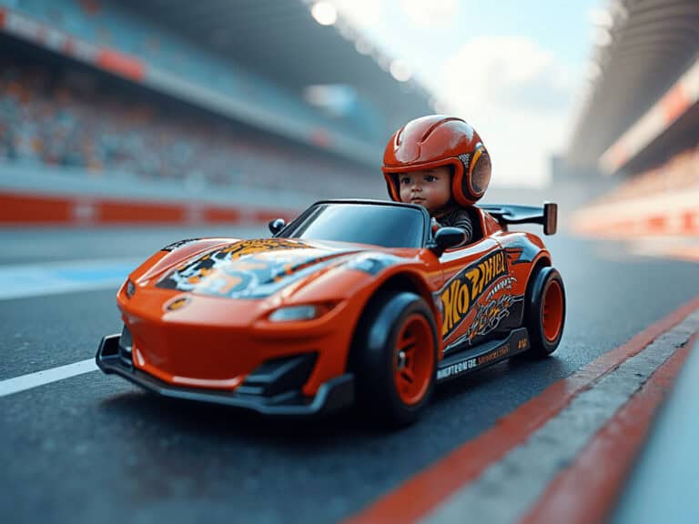 Hot Wheels miniature race car with a young child driver wearing a helmet in a racing track setting.