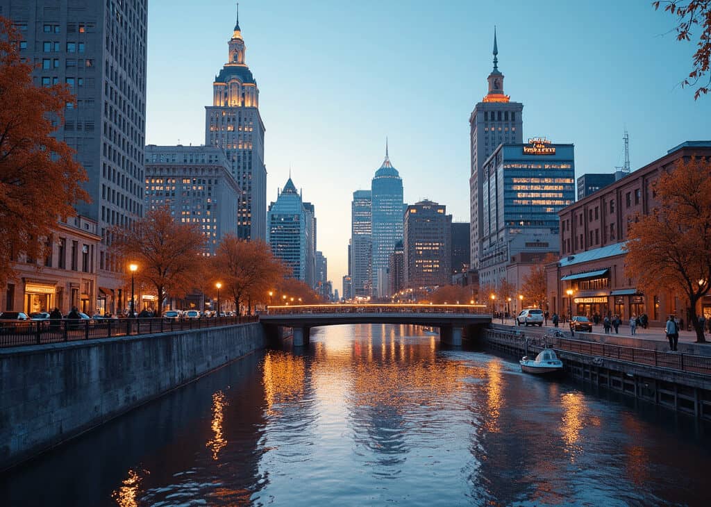 Empire State Building skyline in NYC during sunset, vibrant city life and iconic architecture.