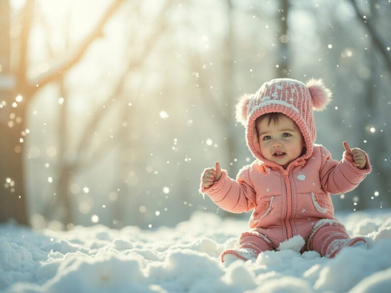 Cute baby girl in pink snowsuit playing in the snow, winter outdoor fun, cold weather, adorable winter kids.
