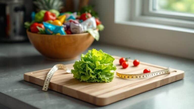 Fresh lettuce and cherry tomatoes on a cutting board with a measuring tape, emphasizing healthy eating and nutrition.