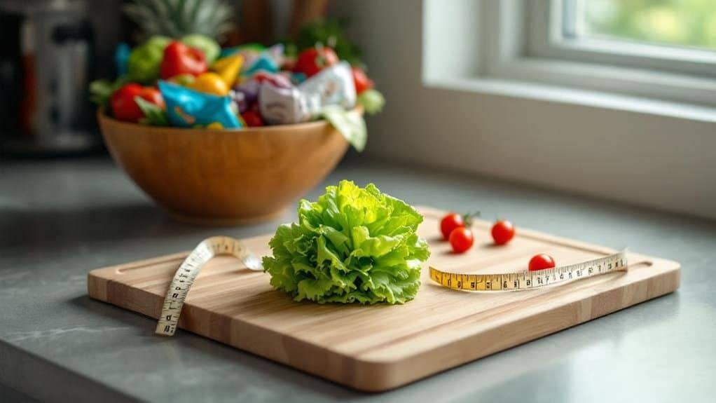 Fresh lettuce and cherry tomatoes on a cutting board with a measuring tape, emphasizing healthy eating and nutrition.