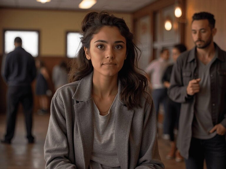 Independent woman in casual blazer at social event, confident and poised.